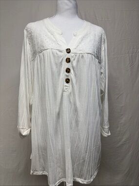 Women's White Long Sleeve Henley Tunic Top